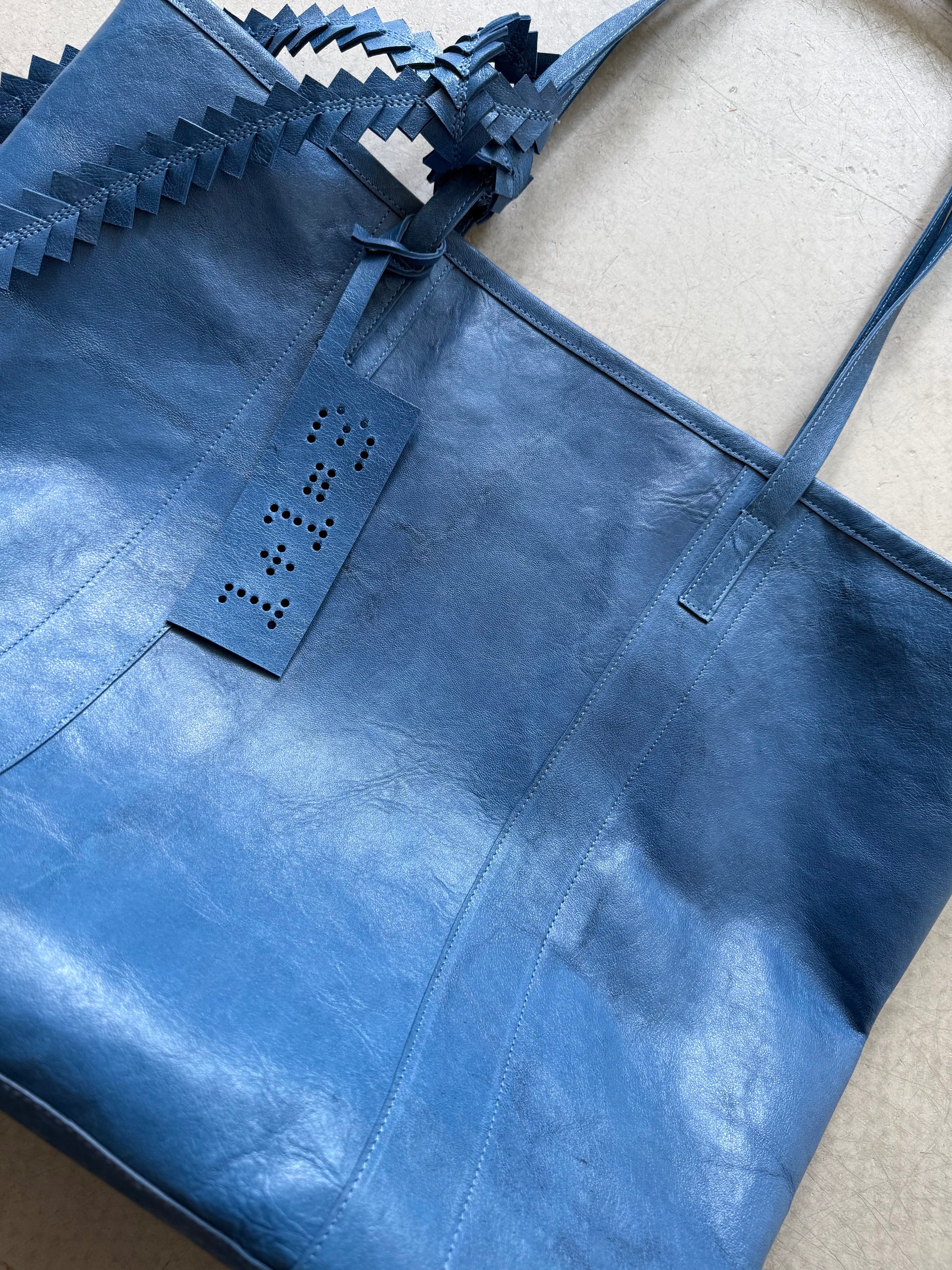 cobalt blue leather tote