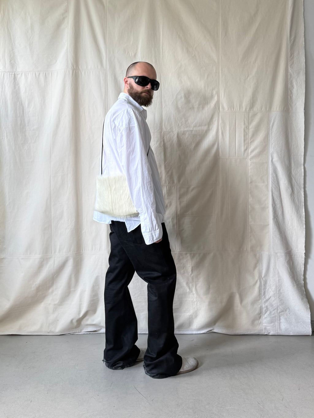 white goat fur crossbody bag